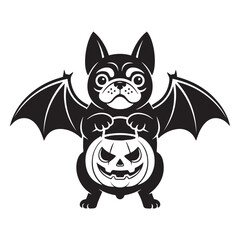 Cute Halloween dog in bat costume holding a Jack-o'-lantern vector silhouette.