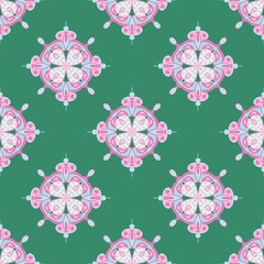 Seamless Pink Mandala Pattern Set on Green Background – Ornamental Floral Decorative Design