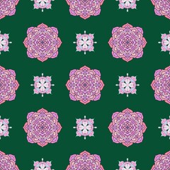 Seamless Pink Mandala Pattern Set on Green Background – Ornamental Floral Decorative Design