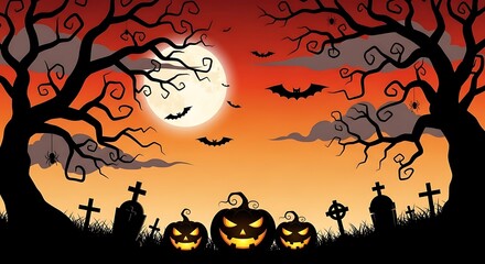 Spooky halloween night with carved pumpkins, silhouetted trees, and bats flying under a full moon in a graveyard
