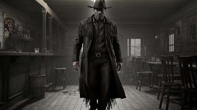 A Cowboy Walks Through a Saloon.