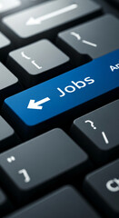 Close-up of a keyboard with a blue key labeled "Jobs" and an arrow, representing online search, application, or transition in career path