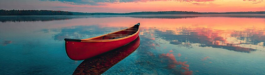 Red canoe floating on calm lake at sunset with sky reflections