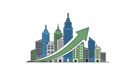 Illustrated city skyline with upward trending arrow showing growing urban development
