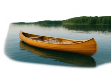 Wooden canoe floating on calm lake with transparent background