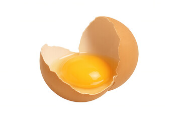 Broken brown egg with raw yolk and egg white. Fresh cooking ingredient on a transparent background for easy integration