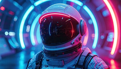 Astronaut in White Spacesuit with Red and Blue Glowing Lights Cinematic High Dynamic Range