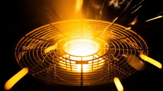 Glowing heating element with metal grill in dark with bright orange light and metal grate.
