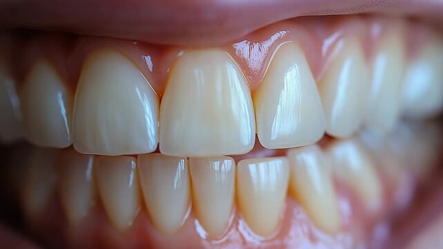 A detailed macro video of human teeth and gums.