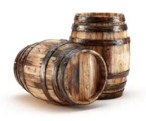 Fototapeta premium Rustic wooden barrels isolated on white background for storage concept