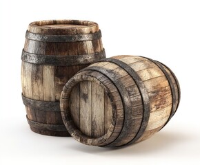 Obraz premium Rustic wooden barrels on white background for beverages and storage