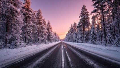 Fototapeta premium Road through snow covered forest during sunset with clear sky