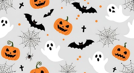 Fototapeta premium A festive halloween pattern featuring grinning jackolanterns, playful ghosts, silhouetted bats, intricate spiderwebs, and small crosses on a light gray background