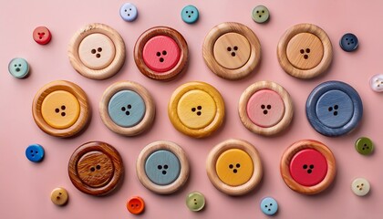 Fototapeta premium Wooden Buttons With Colored Stripes And Colorful Dots On A Pastel Pink Background