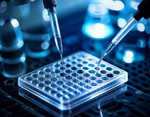 pipette adding fluid to a 96 well plate in a lab