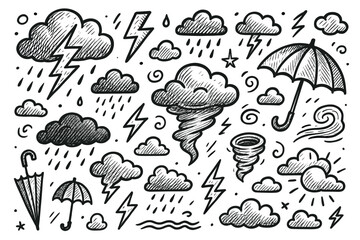 Hand-drawn weather icons: clouds, lightning, rain, umbrella, tornado