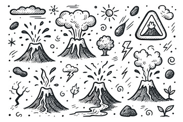 Obraz premium Hand-drawn volcanic eruptions with lava, ash, and nature elements in doodle style