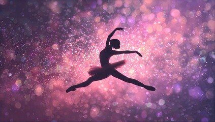 Naklejka premium Silhouette of a ballerina leaping against a vibrant cosmic backdrop
