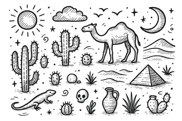 Desert scene with camel, cacti, and pyramids in doodle art style
