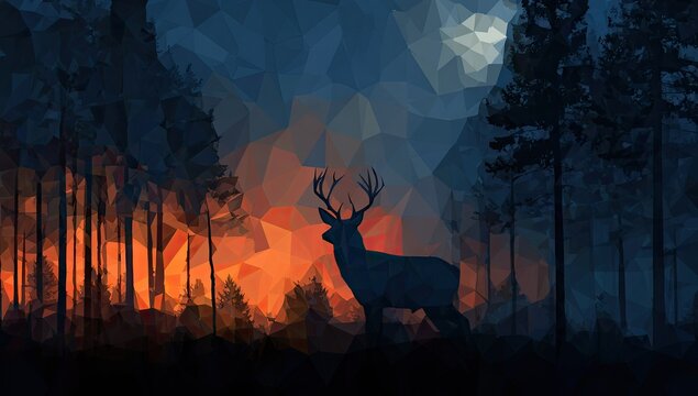 Silhouette of deer in polygon forest with fire visual effect at night