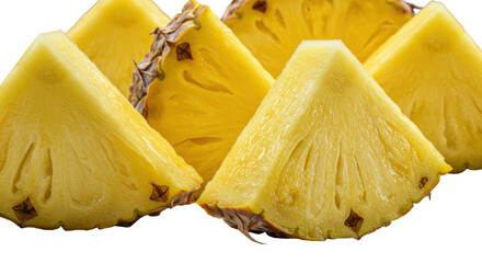 Ultra-macro, low-angle shot of glistening, freshly-cut pineapple pieces, golden-yellow flesh, dewy droplets, fibrous interior, textured rind, isolated on transparent. Appetizing fruit concept
