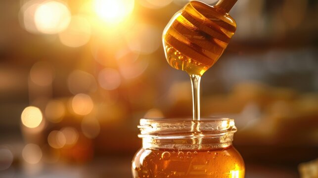Golden honey dripping from a wooden dipper into a glass jar illu