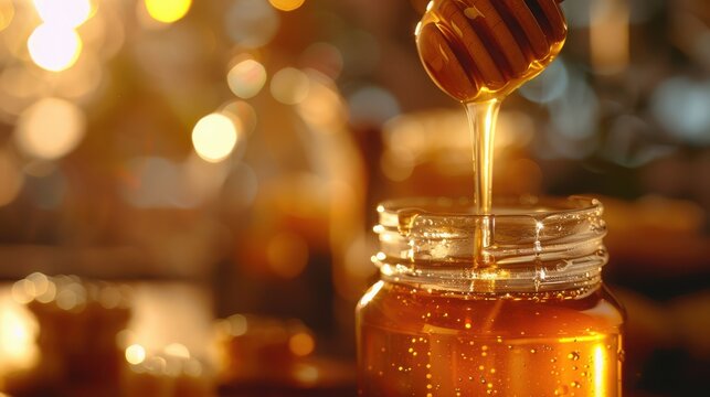 Golden honey dripping from a wooden dipper into a glass jar illu