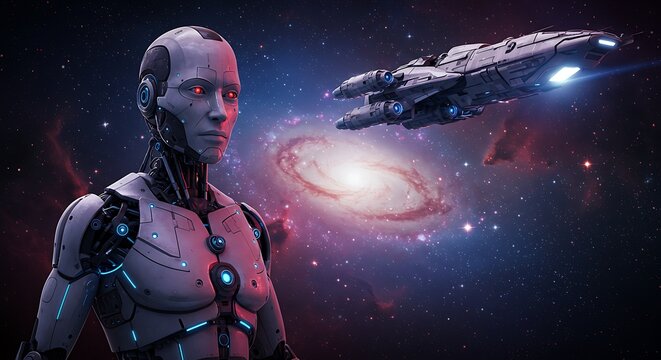 A humanoid robot stands against a backdrop of a vibrant galaxy, with a spaceship flying in the distance.