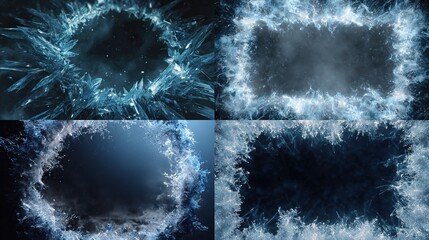 Four frosty icy frame designs, shimmering and frozen in varied textures and shapes
