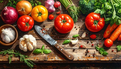 Fresh vegetables on rustic wooden surface