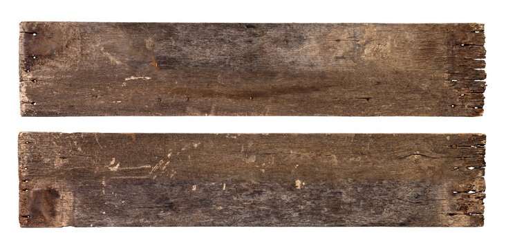 Old rustic wooden board with weathered surface and aged texture isolated on white background