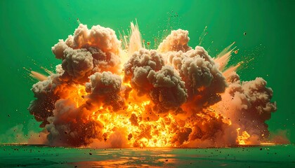 A vibrant explosion fills the frame with a massive cloud of smoke and intense orange-yellow flames against a green backdrop
