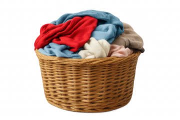 Wicker laundry basket filling with colorful dirty clothes