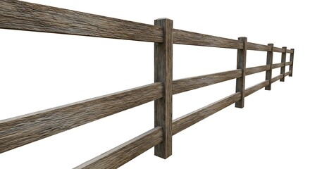Naklejka premium A rustic, weathered wooden fence with three long horizontal planks spanning vertical posts. The fence runs diagonally from left to right against a white background.