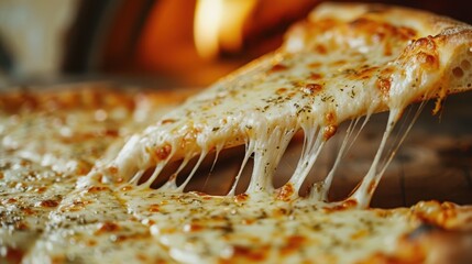 Hot cheese pizza being pulled from a baking stone with steam ris