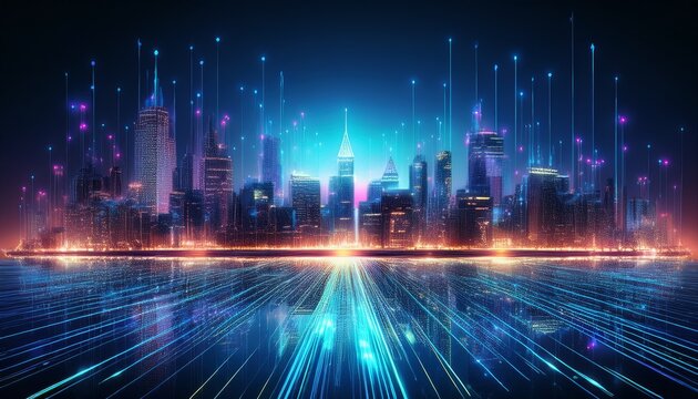 futuristic skyline upgrade illuminated network beams over a 5g connected cityscape at night digital art concept
