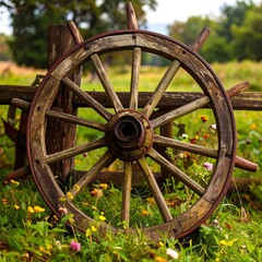 Weathered wooden wagon wheel leans against rustic fence, surrounded by wildflowers in a pastoral setting