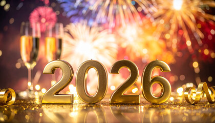 Złoty napis 2026 z fajerwerkami – Nowy Rok i Sylwester © Monika Janiak-Klicha