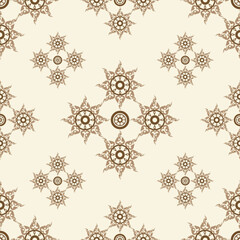 Thai Geometric Ornamental Pattern in Brown and Cream – Seamless Design for Textiles and Graphics. A seamless Thai-inspired ornamental geometric pattern in elegant brown and cream.