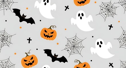 A spooky halloween pattern featuring adorable ghosts, jackolanterns, bats, and cobwebs on a light gray background