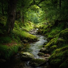 Obraz premium Stream flowing through lush green forest with moss covered rocks and trees