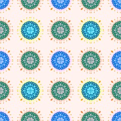 Seamless Circular Mandala Pattern with Blue and Green Motifs on Light Cream Background