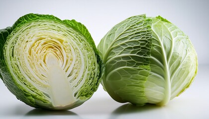 Fototapeta premium Fresh Green Cabbage Whole And Halved High Resolution Image For Food Health Culinary Uses