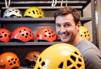 Rock climbing instructor smiling beside colorful safety equipment storage