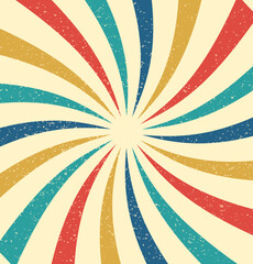 Retro sunburst background with red blue teal and yellow rays emanating from a central point design