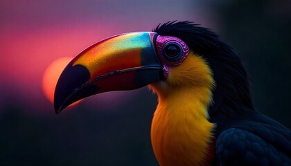 Fototapeta premium Stunning close-up of a vibrant toucan with a colorful beak silhouetted against a dramatic sunset, capturing exotic nature and tropical beauty.