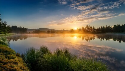 Fototapeta premium Serene Sunrise Over Misty Lake With Reflective Waters And Lush Green Shores
