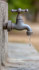 Dripping Water Tap Attached to Concrete Wall CloseUp View with Blurred Background