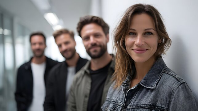 A diverse team of smiling professionals stands together in a bright modern office hallway