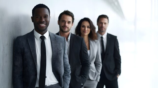 A diverse team of professionals in business attire stand confidently in a modern office environment
